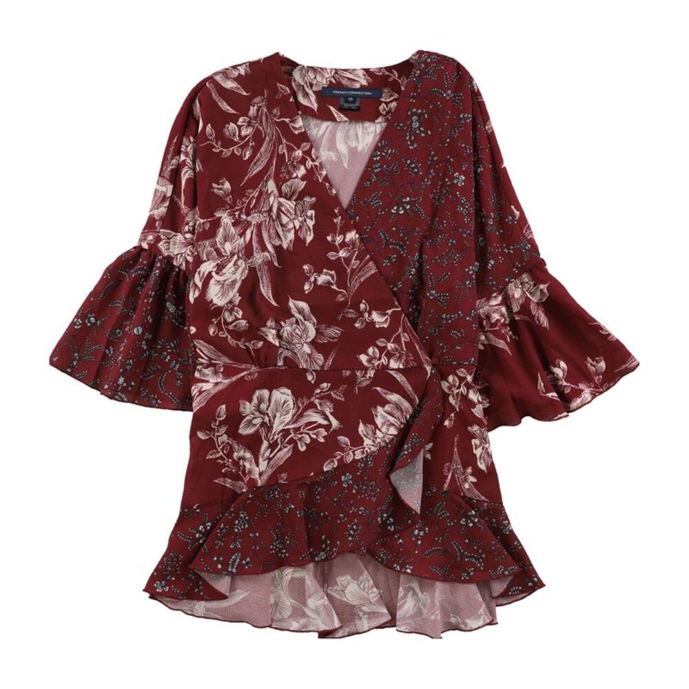 French Connection Womens Floral Wrap Blouse, Red, XS, DM